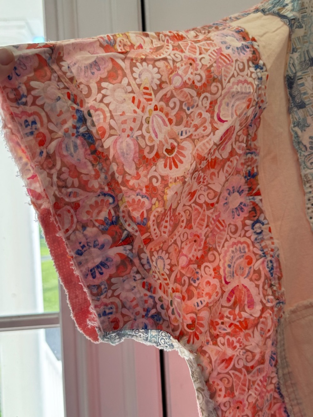 Blue Velvet Oversized Patchwork Button-Down Shirt in Pink and Cream-Hippie Chic - Picture 6 of 7